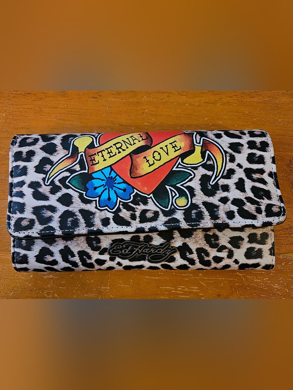 Ed Hardy Leopard Print 'Eternal Love' Wallet - Black, White & Multicolor Tattoo